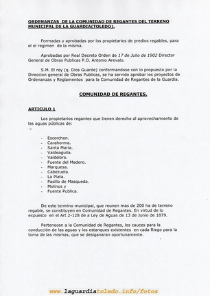 Ordenanzas de la Comunidad de regantes del término municipal de La Guardia