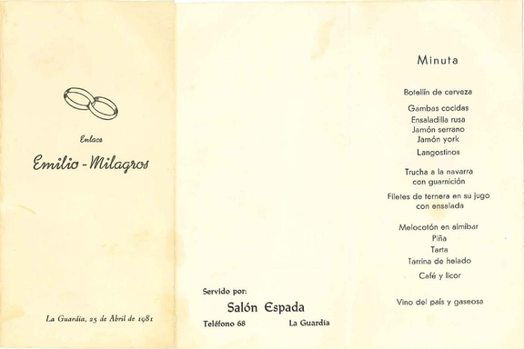 Menú del enlace entre Emilio Orgaz Huete y Milagros Redajo Santiago celebrado en Salones Espada