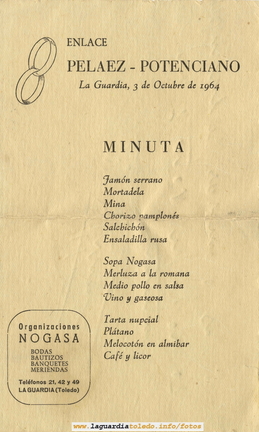 Menú del enlace de Victoria Potenciano y Fausto Peláez, año 1964