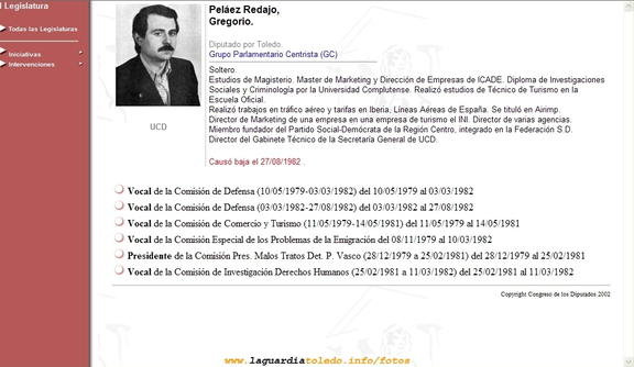 Información extraída de la web del Congreso de los Diputados sobre Gregorio Peláez, guardiolo que fué diputado en el Congreso