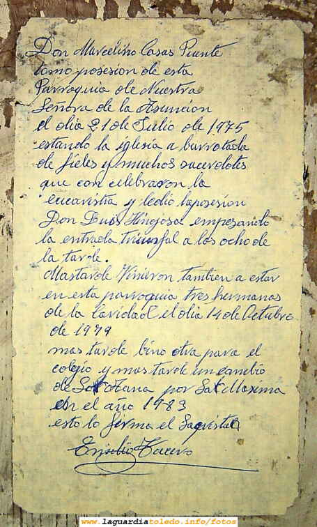 Toma de posesión de D. Marcelino el 21-07-75 descrita por Emilio Tacero, sacristán en aquellas fechas