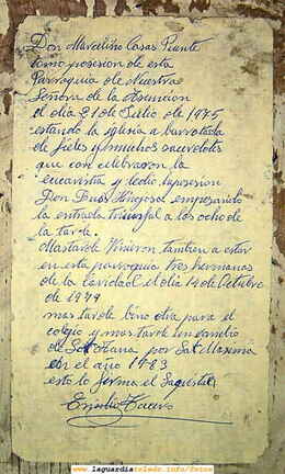 Toma de posesión de D. Marcelino el 21-07-75 descrita por Emilio Tacero, sacristán en aquellas fechas