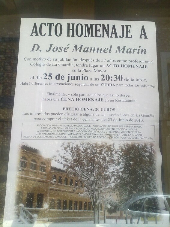 Cartel anunciador del homenaje a D. Jose Manuel Marín el 25 de Junio de 2010