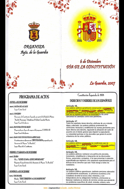 6 de diciembre de 2007, programa de actos que organiza el Ayuntamiento en homenaje a la Constitución Española de 1978.