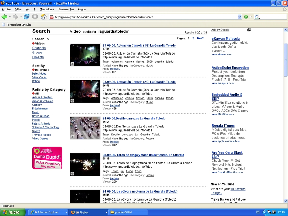 5 videos más vistos en youtube relacionados con La Guardia Toledo a fecha 14-02-2007 (pinchar en la foto para ver a mayor resolución)