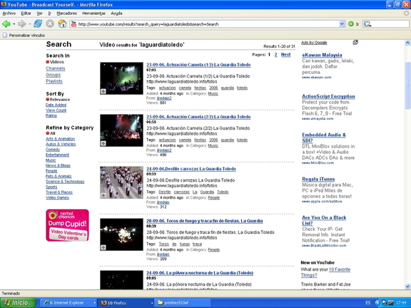 5 videos más vistos en youtube relacionados con La Guardia Toledo a fecha 14-02-2007 (pinchar en la foto para ver a mayor resolución)