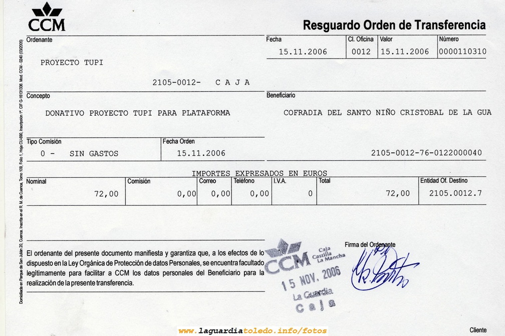 Donación de 72 € que Proyecto Tupi hace a la Cofradía del Santo Niño por la venta de DVD'S de las actuaciones del festival de Homiguar