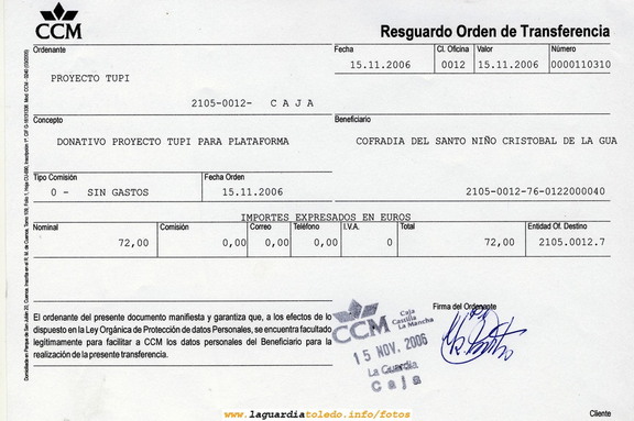 Donación de 72 € que Proyecto Tupi hace a la Cofradía del Santo Niño por la venta de DVD'S de las actuaciones del festival de Homiguar