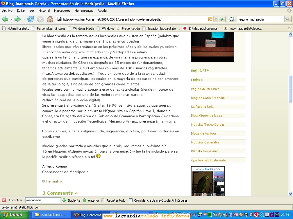 15 de Febrero de 2007. Noticia relacionada con la inauguración en el día de hoy de la Madripedia (hacer click para verlo a mayor resolucíon)