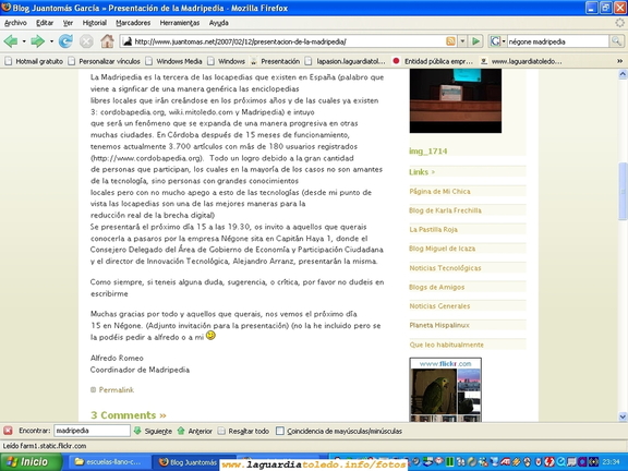 15 de Febrero de 2007. Noticia relacionada con la inauguración en el día de hoy de la Madripedia (hacer click para verlo a mayor resolucíon)