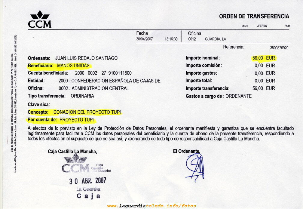 Donación de 56 € de Proyecto Tupi a Manos Unidas por la venta de DVD's del festival de 30 de Diciembre de 2006