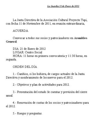 Asamblea General: 21 de Enero de 2012