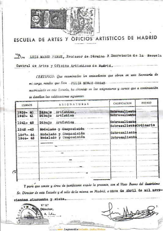 Félix Dones calificaciones finales obtenidas en la Escuela de Artes y Oficios de Madrid