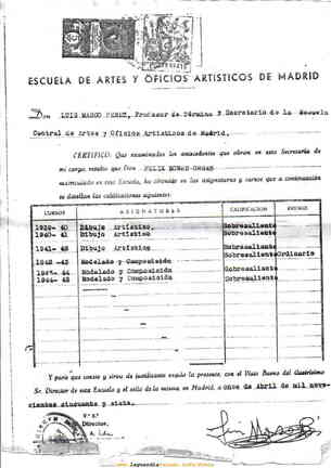 Félix Dones calificaciones finales obtenidas en la Escuela de Artes y Oficios de Madrid