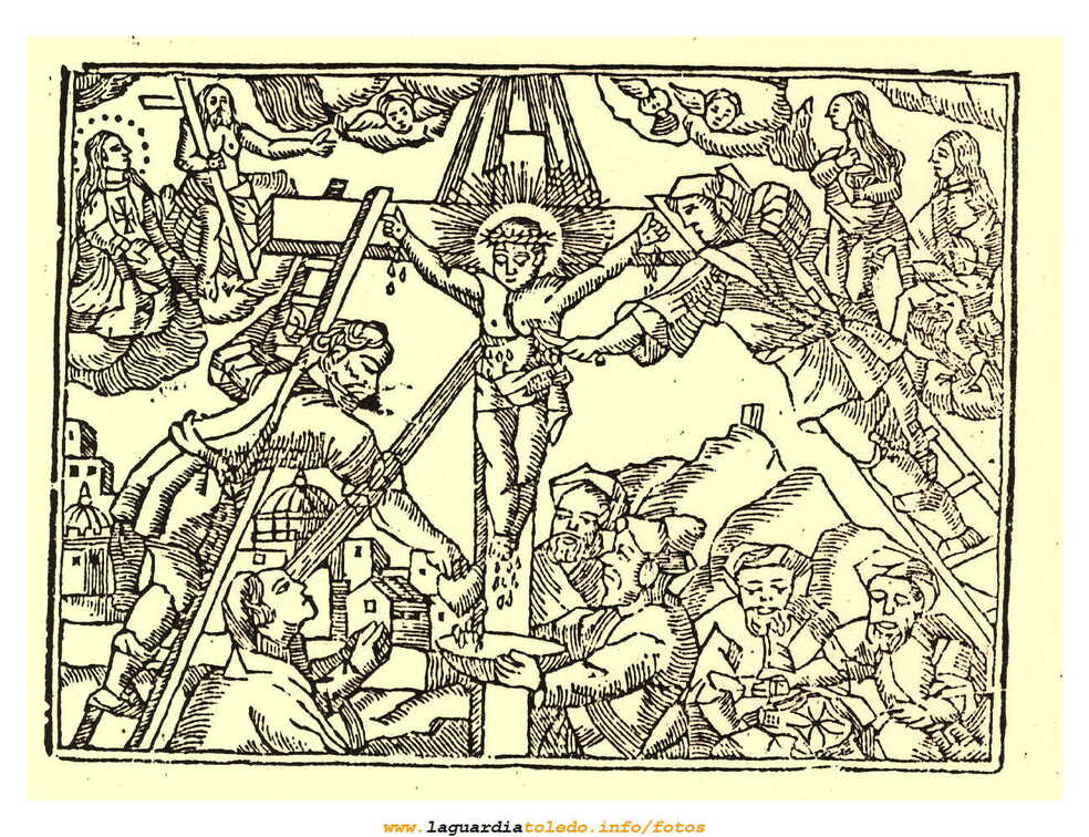 Crucifixión del Santo Niño, grabado de perteneciente el libro titulado "Historia del Santo Niño" de Fray Antonio de Guzmán publicado en 1720