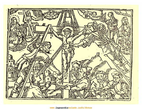 Crucifixión del Santo Niño, grabado de perteneciente el libro titulado "Historia del Santo Niño" de Fray Antonio de Guzmán publicado en 1720