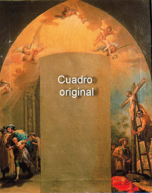 Gif animado comparativo entre tres estados del cuadro "El rapto del Santo Niño" de Francisco Bayeu: situación original, antes de su restauración y estado de la restauración a fecha 6-9-2011