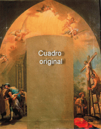 Gif animado comparativo entre tres estados del cuadro "El rapto del Santo Niño" de Francisco Bayeu: situación original, antes de su restauración y estado de la restauración a fecha 6-9-2011