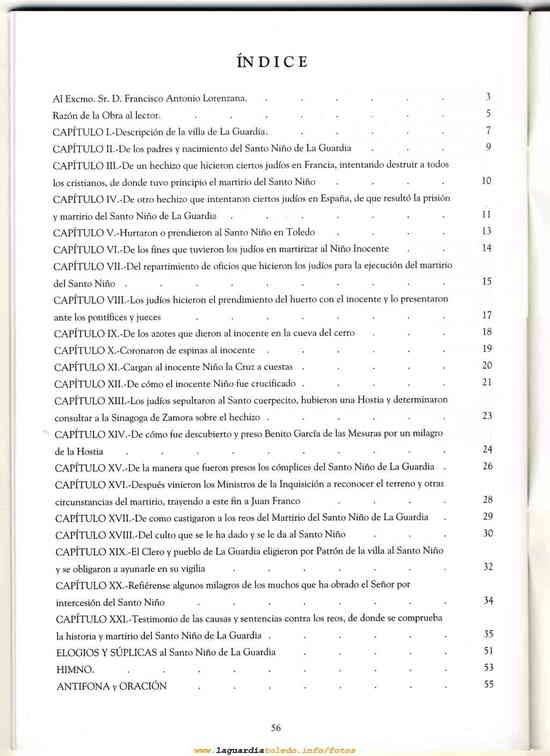 Historia del Santo Niño de 1785 por D. Martín Matínez Moreno reimpresión de 2004 Indice