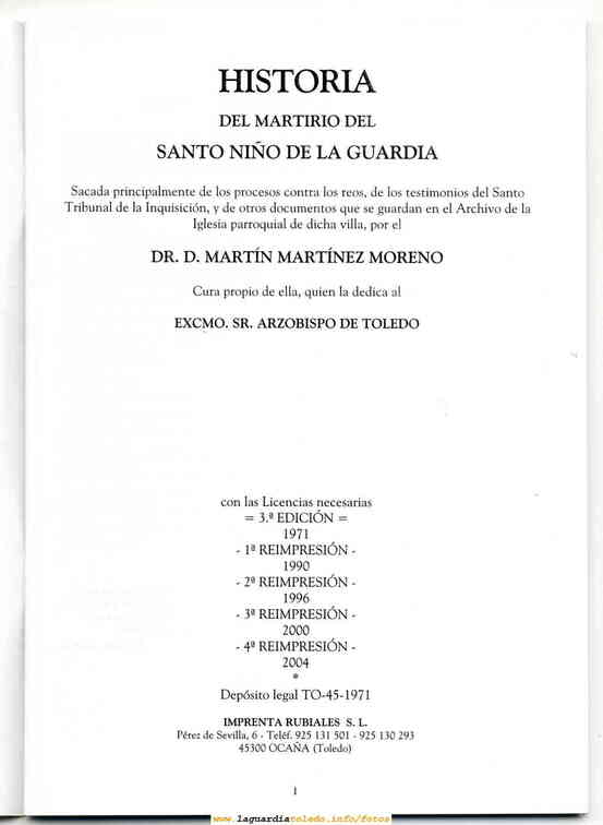 Historia del Santo Niño de 1785 por D. Martín Matínez Moreno reimpresión de 2004 Edición