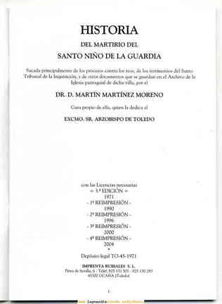 Historia del Santo Niño de 1785 por D. Martín Matínez Moreno reimpresión de 2004 Edición