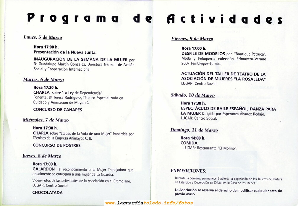 Programa de Actividades de la Semana de la Mujer que se celebra entre los días 5 y 11 de Marzo de 2007
