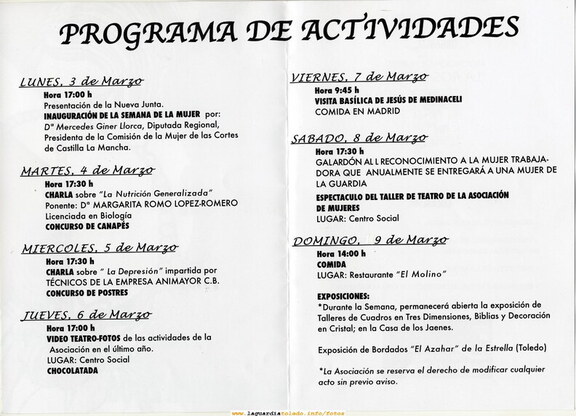 Contraportada del programa de mano de La Semana de la Mujer 2008, en donde aparece el programa de actividades durante dicha semana (3-9 Marzo)