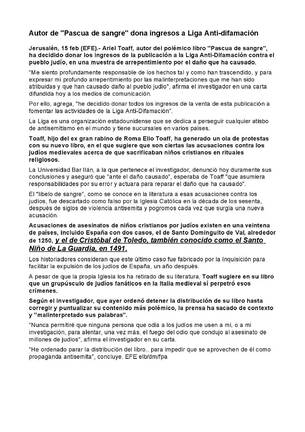 Artículo encontrado en internet sobre un libro publicado por un historiador judío en el que se admite el uso de la sangre de niños cristianos en sus rituales