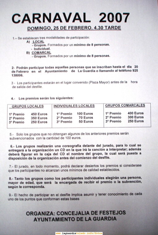 Bases del desfile de Carnaval que se celebra en La Guardia el 25 de Febrero de 2007 (Domingo de Piñata)