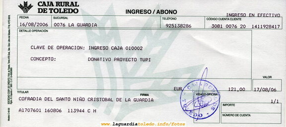 Donación de 121 € (20132 ptas) que Proyecto Tupi ha realizado para las obras de la Plataforma del Santo Niño de la venta de los dvd's de las actuaciones de Castilla la Mancha