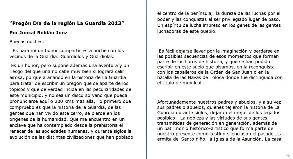 Página 1. Pregón de de Dña. Juncal Roldán Juez en las fiestas de Castilla la Mancha 2013