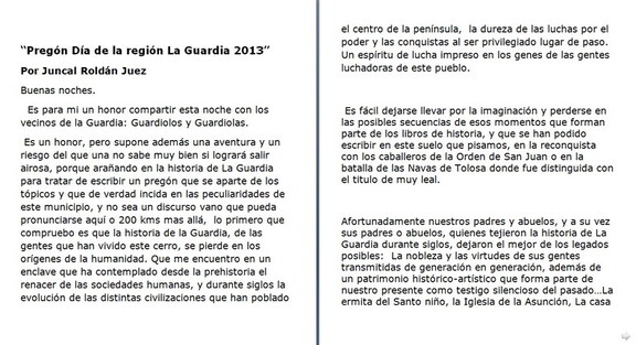 Página 1. Pregón de de Dña. Juncal Roldán Juez en las fiestas de Castilla la Mancha 2013