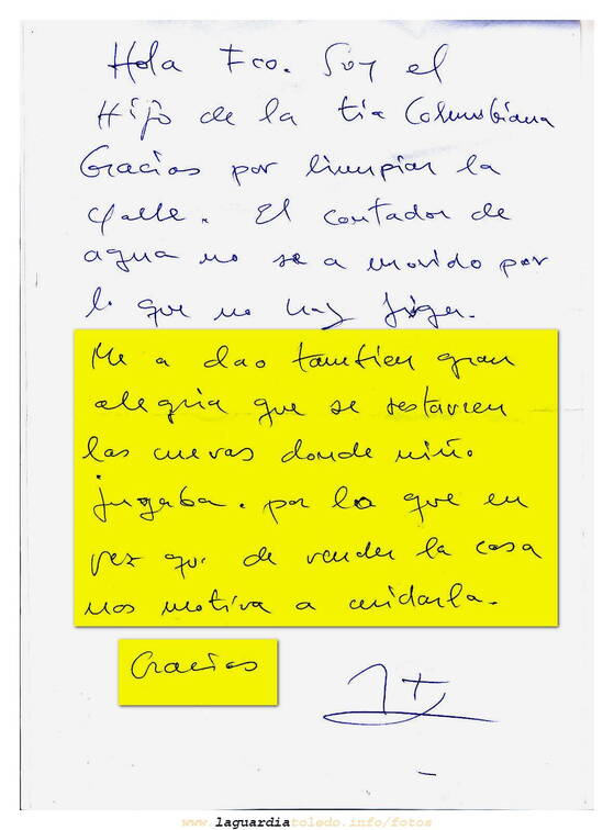 Nota de agracimeinto al Ayuntamiento por el proyecto de recuperación de las cuevas.