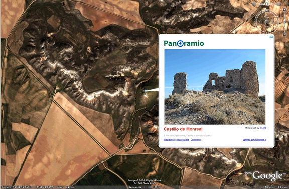 Ubicación del Castillo de La Vega, o Castillo de Monreal como se llama realmente, según una foto de satélite de Google Earth en combinación con Panoramio