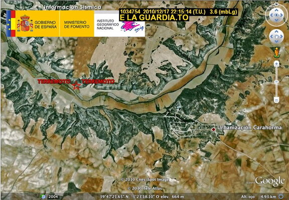 Ubicación del terremoto de 3.6º en La Guardia el 17-12-2010 obtenida a través de Google Earth y el Instituto Geográfico Nacional