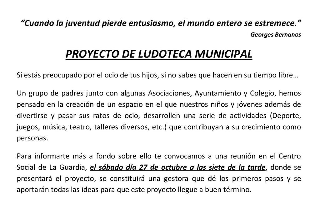 Anuncio de reunión para un proyecto de Ludoteca Municipal