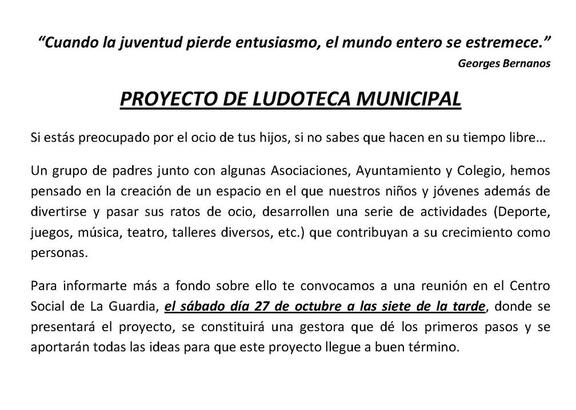 Anuncio de reunión para un proyecto de Ludoteca Municipal