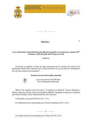 La verdad sobre el martirio del santo niño de la guardia, ó sea el proceso y quema (16 Noviembre, 1491) del judío Jucé Franco en Ávila, de Fidel Fita