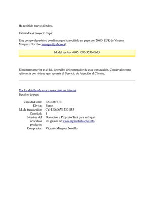 Primera donación realizada para ayudar al sostenimiento de la web www.laguardiatoledo.info