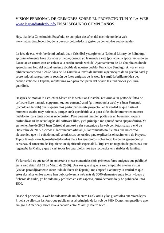 Visión personal de grimores (Juan Luis Redajo) de Proyecto Tupi y la web www.laguardiatoledo.info en su segundo cumpleaños