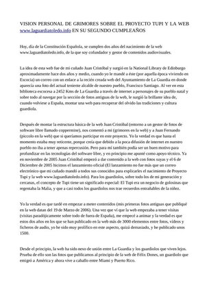 Visión personal de grimores (Juan Luis Redajo) de Proyecto Tupi y la web www.laguardiatoledo.info en su segundo cumpleaños