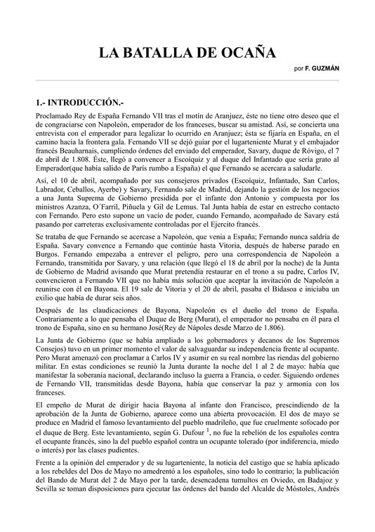 Artículo del historiador local Fernando Guzmán Nuño publicado en internet sobre la Batalla de Ocaña en la Guerra de la Indepencia en donde se hace referencia en repetidas ocasiones a La Guardia