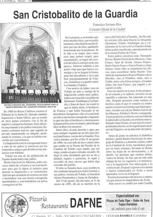 Extracto de la Revista La voz de la Rambla, pueblo de la provincia de Córdoba en donde hay una imágen del Santo Niño