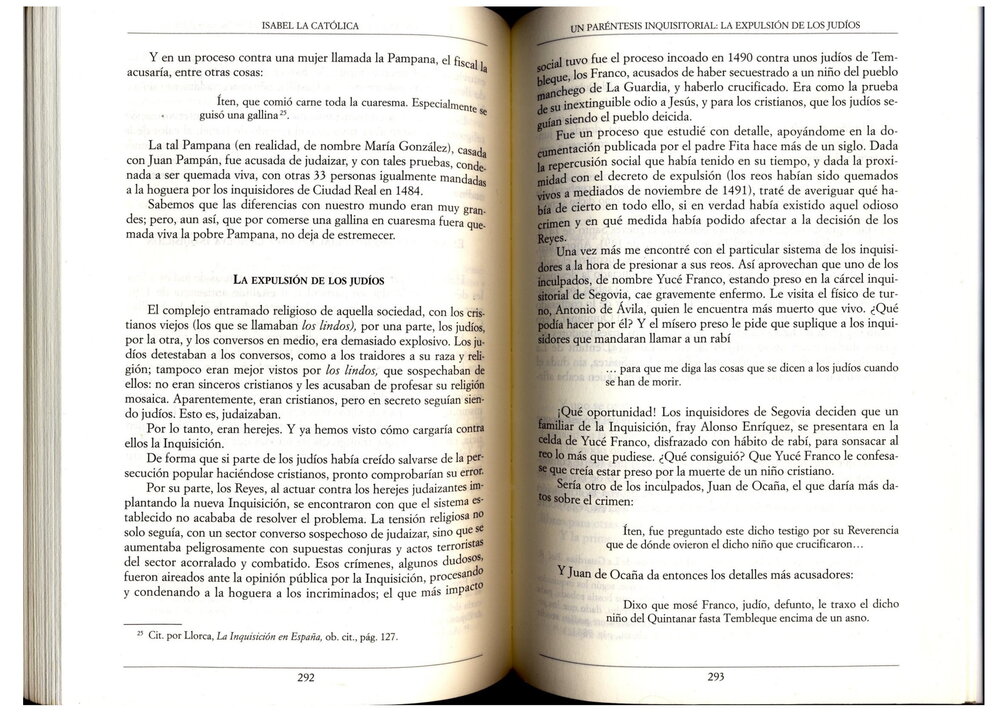 Extracto del libro "Isabel la Católica" de Manuel Fernández Alvarez en donde se habla del Santo Niño de la Guardia y su vinculación con la expulsión de los judíos.