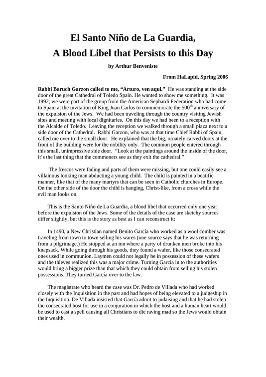 Artículo encontrado en internet sobre el Santo Niño de La Guardia, fechado en la primavera de 2006 (en inglés)