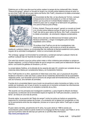 Artículo encontrado en internet sobre un libro publicado por un historiador judío en el que se admite el uso de la sangre de niños cristianos en sus rituales