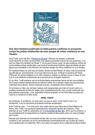 Artículo encontrado en internet sobre un libro publicado por un historiador judío en el que se admite el uso de la sangre de niños cristianos en sus rituales