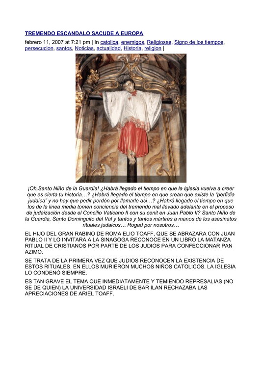 Artículo encontrado en internet sobre un libro publicado por un historiador judío en el que se admite el uso de la sangre de niños cristianos en sus rituales