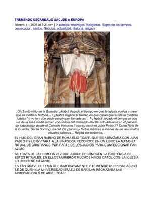 Artículo encontrado en internet sobre un libro publicado por un historiador judío en el que se admite el uso de la sangre de niños cristianos en sus rituales