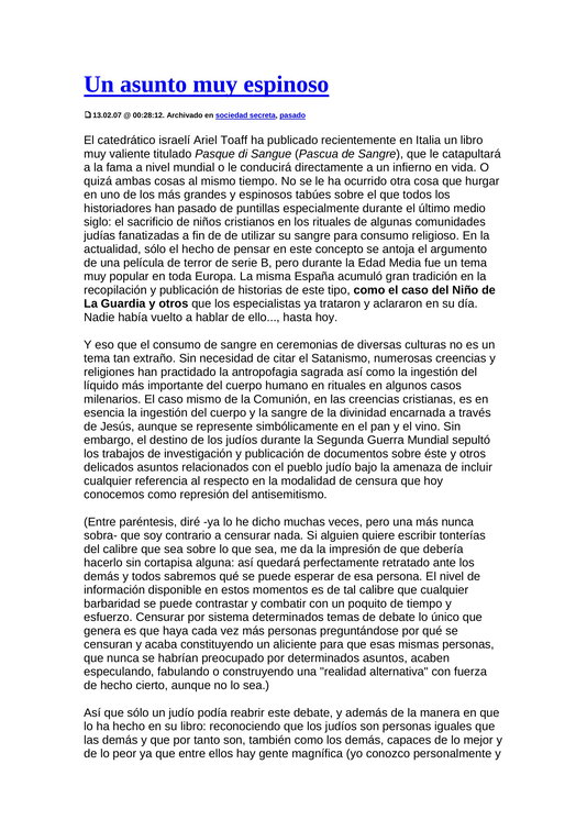Artículo encontrado en internet sobre un libro publicado por un historiador judío en el que se admite el uso de la sangre de niños cristianos en sus rituales